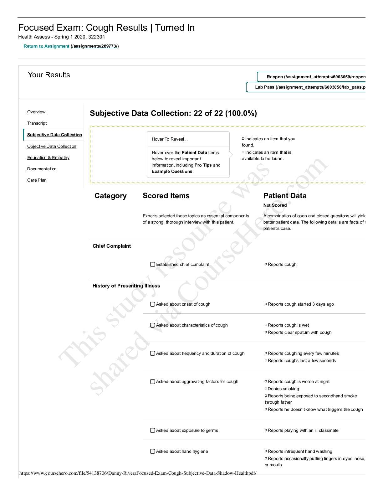 Preview of Nursing 305 Danny Rivera Focused Exam Cough Subjective Data Shadow Health.